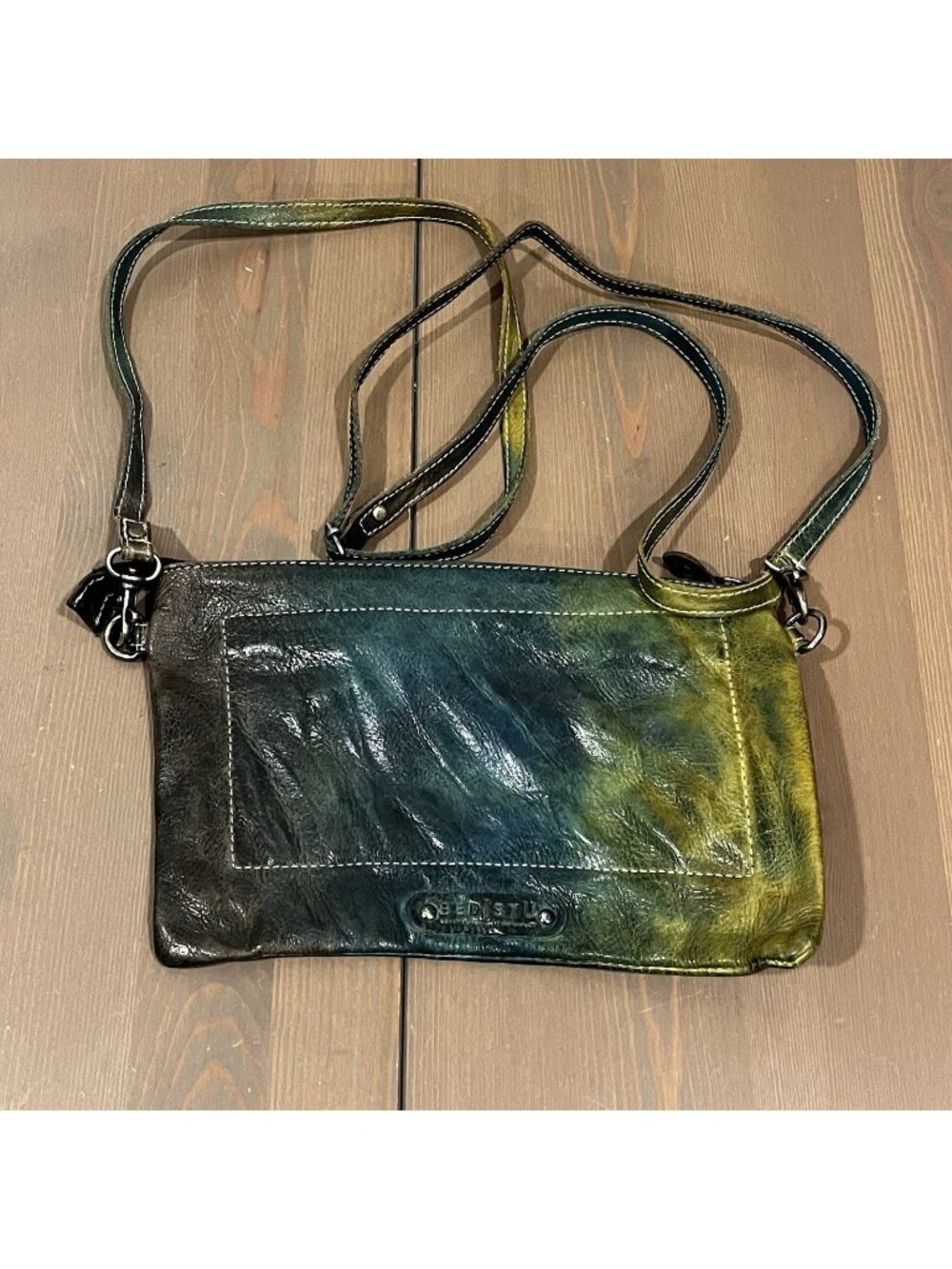 Bedstu Arena Crossbody Purse Angry Ocean Tie Dye Blue Green Leather Boho Hippie